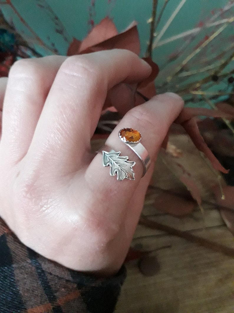 Oak Leaf Amber Silver Ring 2, Open, Adjustable, UK Size Q, artisan handmade, recycled silver. Botanical, Woodland, Cottagecore image 2