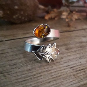 Oak Leaf Amber Silver Ring 2, Open, Adjustable, UK Size Q, artisan handmade, recycled silver. Botanical, Woodland, Cottagecore image 3