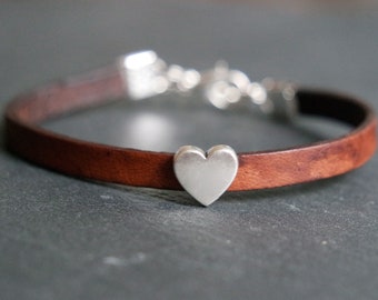 heart bracelet leather brown & silver coloured friendship bracelet