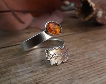 Oak Leaf Amber Silver Ring, Open, Adjustable, UK Size T, artisan handmade, recycled silver. Botanical, Woodland, Cottagecore