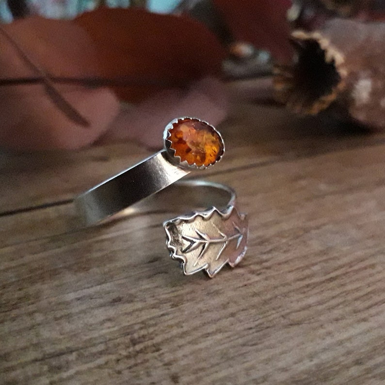 Oak Leaf Amber Silver Ring, Open, Adjustable, UK Size T, artisan handmade, recycled silver. Botanical, Woodland, Cottagecore image 1