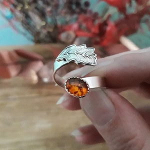 Oak Leaf Amber Silver Ring, Open, Adjustable, UK Size T, artisan handmade, recycled silver. Botanical, Woodland, Cottagecore image 3