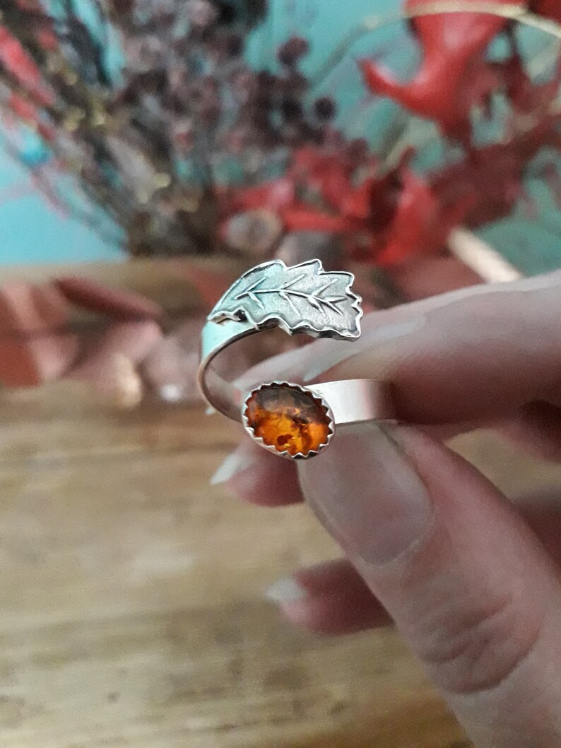 Oak Leaf Amber Silver Ring, Open, Adjustable, UK Size T, artisan handmade, recycled silver. Botanical, Woodland, Cottagecore image 3