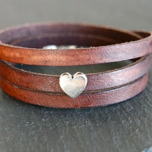 Handmade Brown Leather Wrap Bracelet with Silver Heart Charm