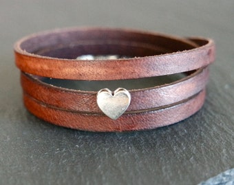 Leather wrap bracelet heart brown and silver coloured leather bracelet