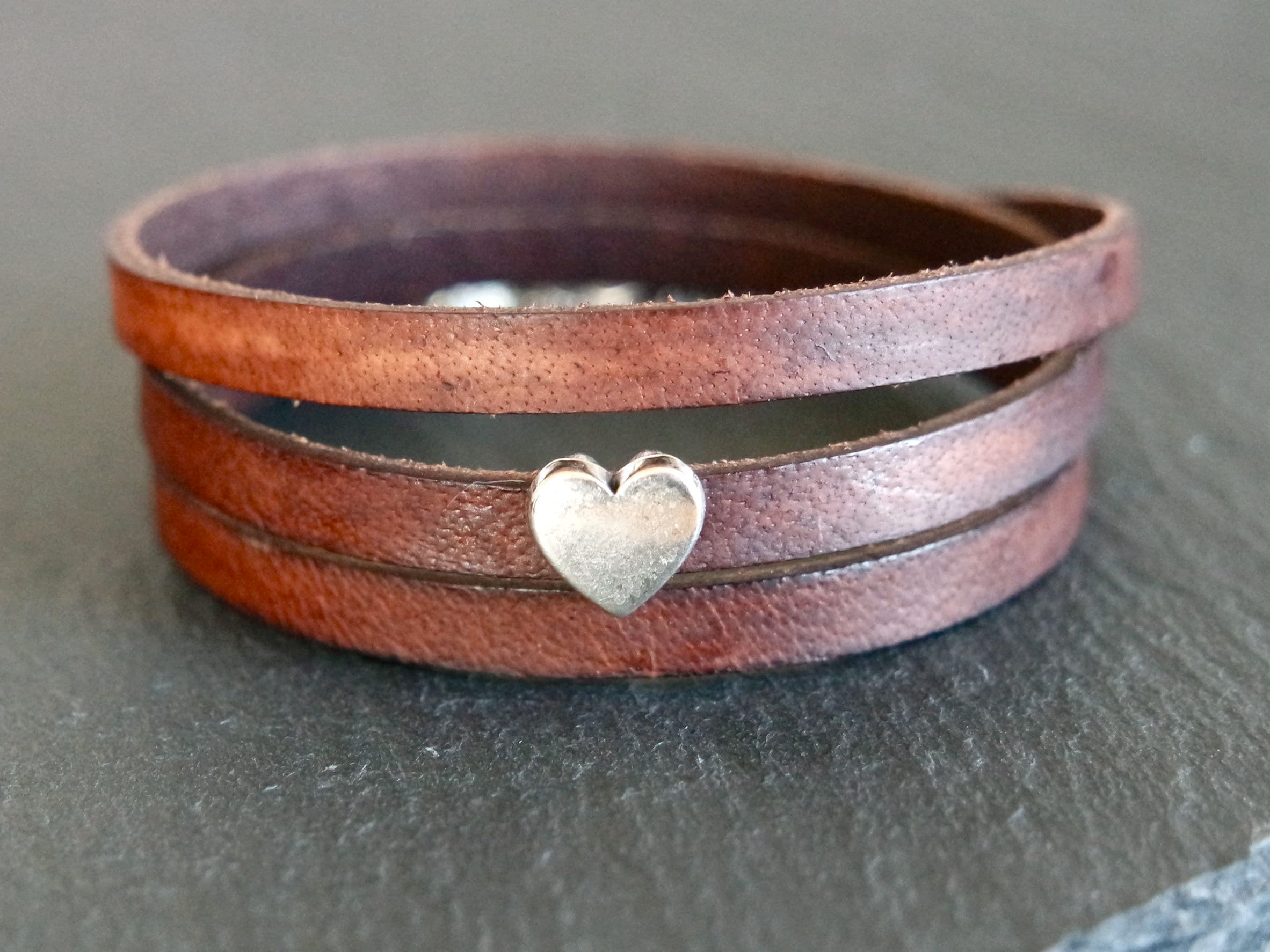 Leather wrap bracelet heart brown and silver coloured leather bracelet