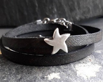 star leather wrap bracelet, black silver coloured, friendship bracelet, stainless steel