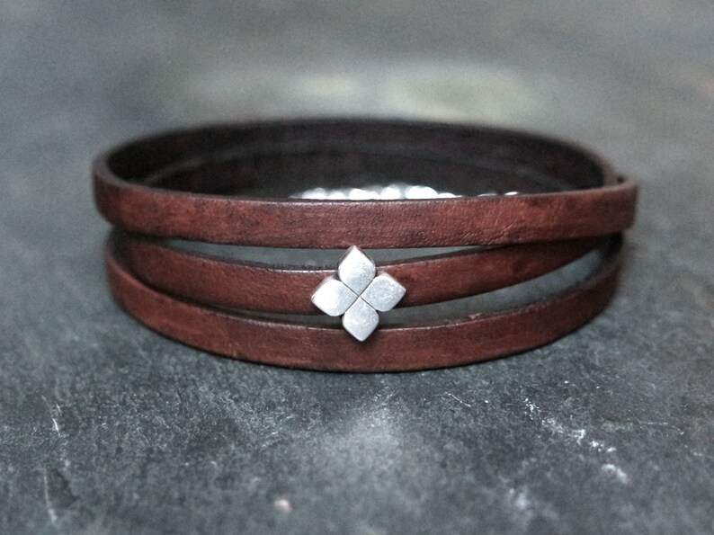 Leather wrap bracelet Flower slider dark brown silver plated image 1