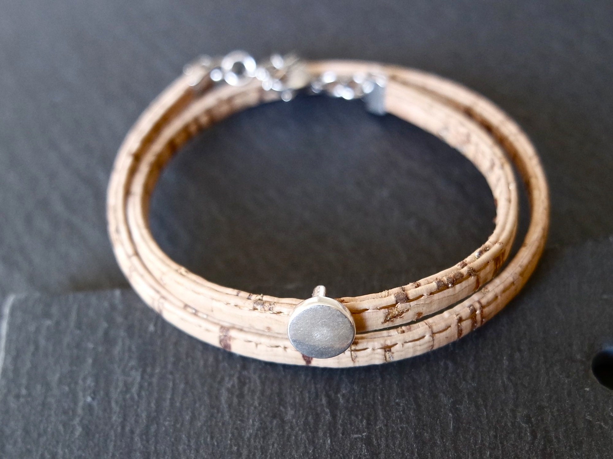 Cork wrap bracelet natural silver circle stainless steel Etsy