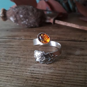 Oak Leaf Amber Silver Ring, Open, Adjustable, UK Size T, artisan handmade, recycled silver. Botanical, Woodland, Cottagecore image 4