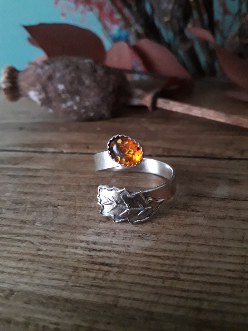 Oak Leaf Amber Silver Ring, Open, Adjustable, UK Size T, artisan handmade, recycled silver. Botanical, Woodland, Cottagecore image 4