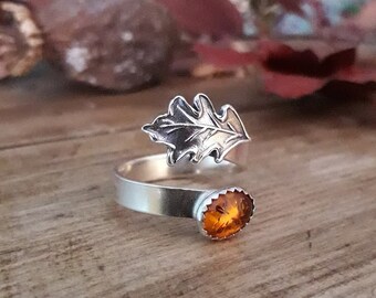 Oak Leaf Amber Silver Ring 2, Open, Adjustable, UK Size Q, artisan handmade, recycled silver. Botanical, Woodland, Cottagecore