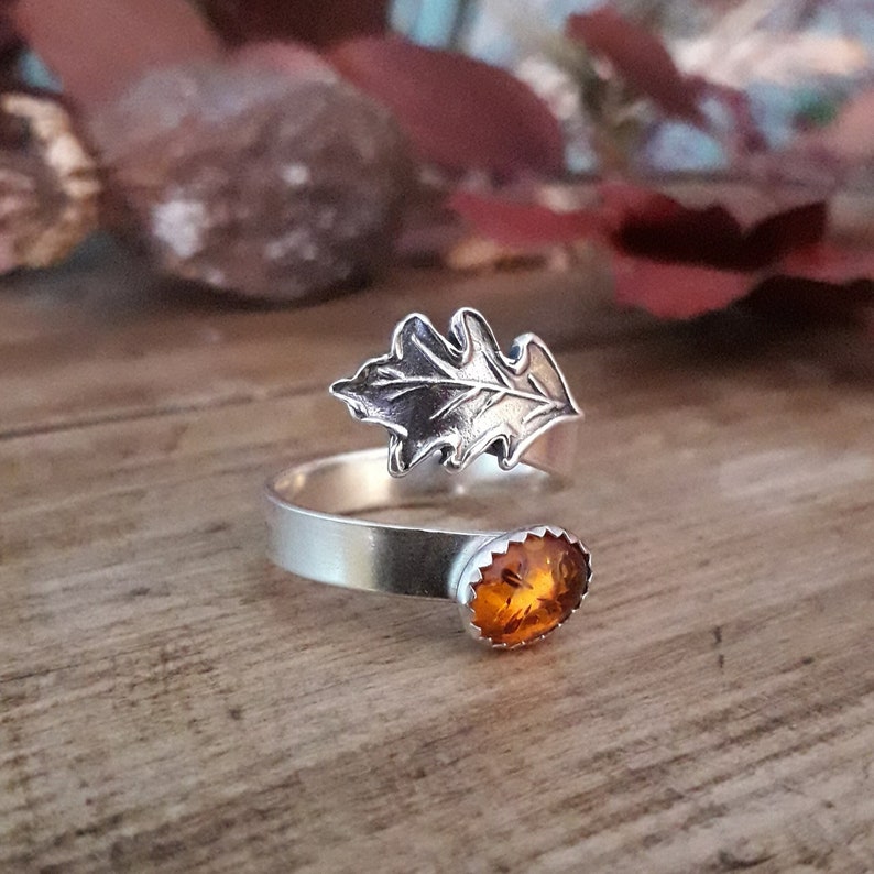 Oak Leaf Amber Silver Ring 2, Open, Adjustable, UK Size Q, artisan handmade, recycled silver. Botanical, Woodland, Cottagecore image 1