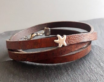 Leather wrap bracelet star fish maritime stainless steel