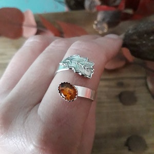 Oak Leaf Amber Silver Ring, Open, Adjustable, UK Size T, artisan handmade, recycled silver. Botanical, Woodland, Cottagecore image 2