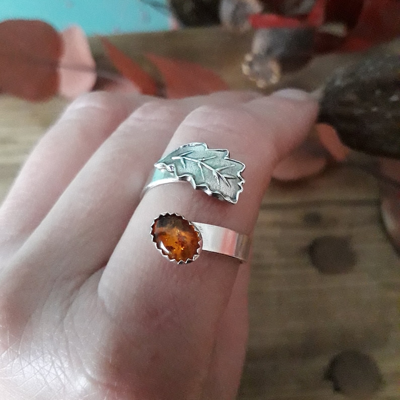 Oak Leaf Amber Silver Ring, Open, Adjustable, UK Size T, artisan handmade, recycled silver. Botanical, Woodland, Cottagecore image 2