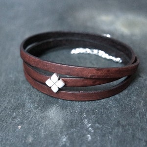 Leather wrap bracelet Flower slider dark brown silver plated image 2