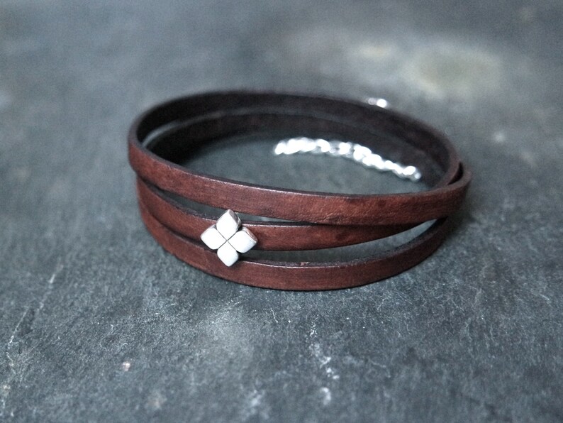 Leather wrap bracelet Flower slider dark brown silver plated image 2