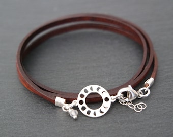moon phases and moonstone silver bracelet leather wrap 925 sterling silver