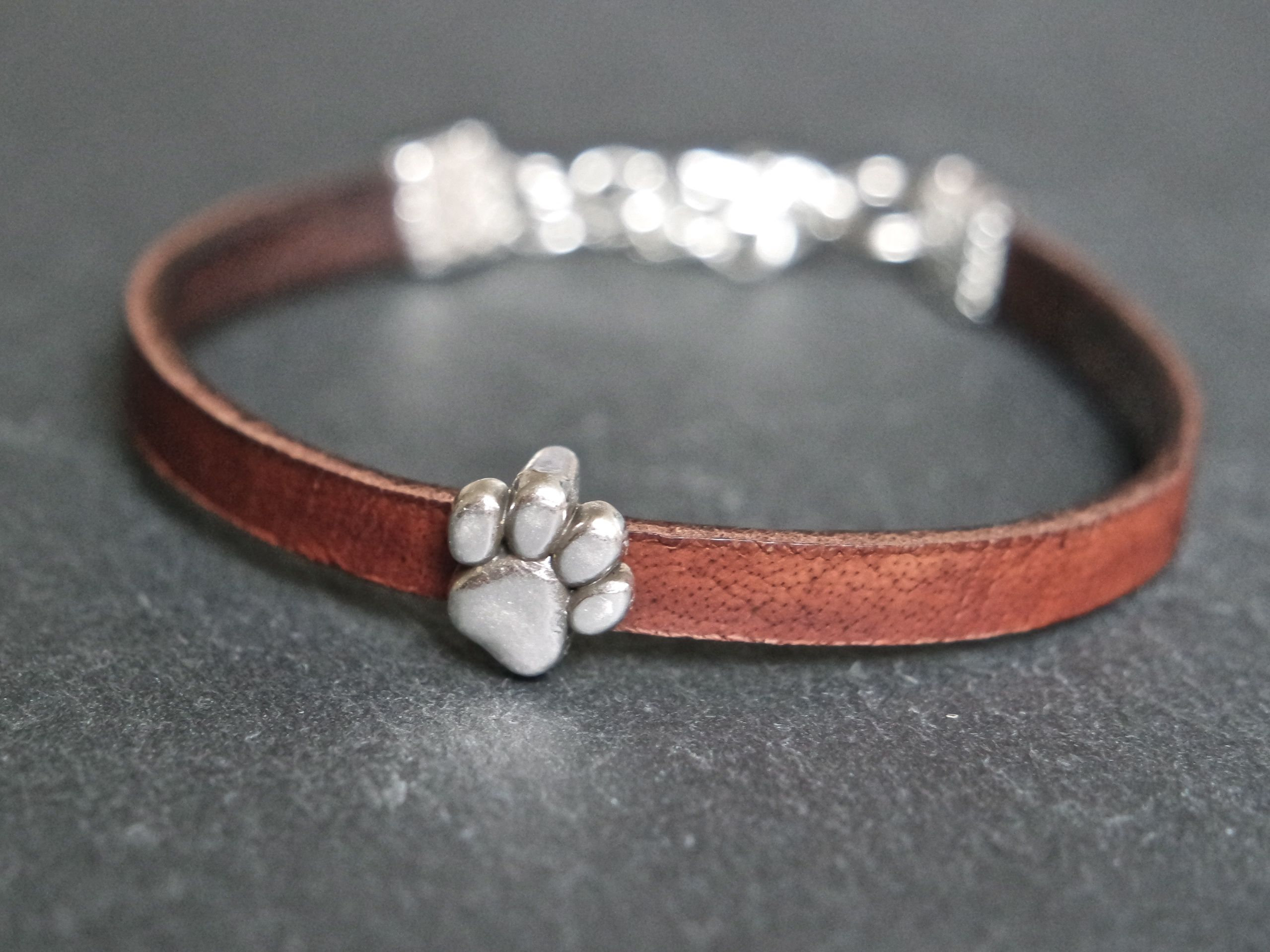Dog Paw Leather Bracelet Brown Silver Stainless Steel Etsy UK