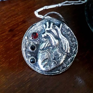 Anatomical Heart Necklace with Garnet and Black Spinel, Goth
