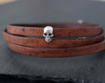 Skull Bracelet Leather wrap bracelet silver men women unisex man woman