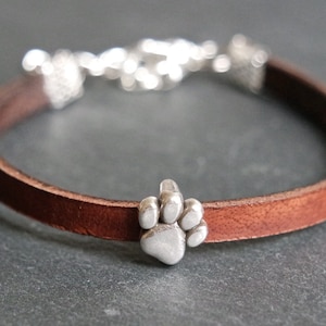 Dog paw leather bracelet - brown silver stainless steel