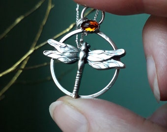 Dragonfly Circle Necklace, Hessonite Garnet, handmade, fine silver