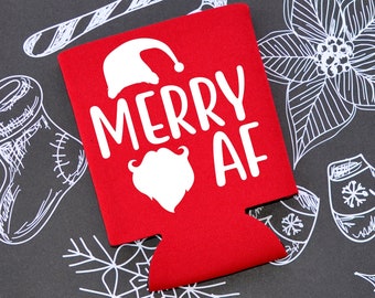 Merry AF Christmas Can Cooler - Funny Holiday Beer Holder
