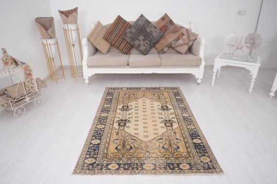 4x5 Rug, Turkish Area Rug, Antique Rug, Turkish Vintage Rug, Oushak Rug, Faded Wool Rug,Neutral Rug,Anatolian Rug,Muted Rug,Natural Rug,1255