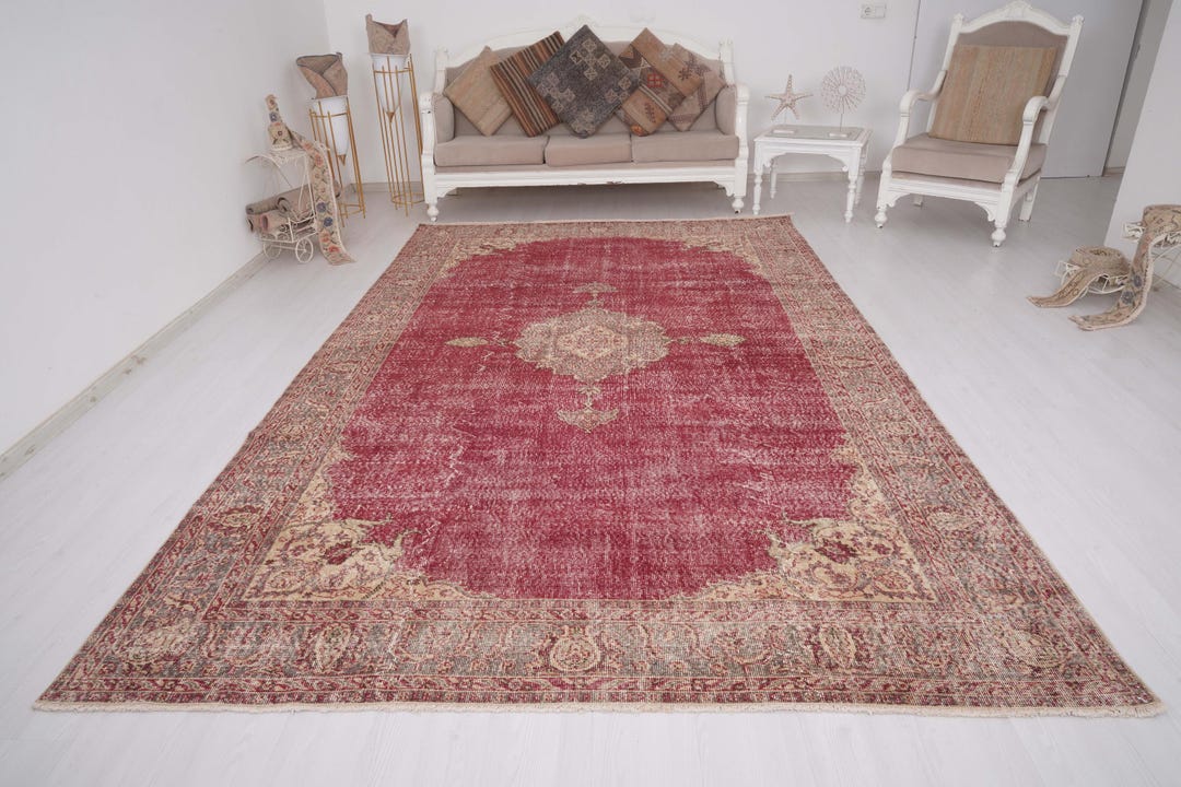 7x11 Rug, Turkish Vintage Rug, Oversize Oushak Rug, Faded Rug 7x11