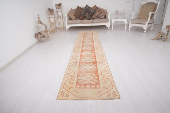 Handwoven Vintage Turkish Oushak Runner Rug 2x12 ft, Boho Hallway Runner Carpet,Oriental Runner Rug, 2x12 Runner, Wool Runner, 1378