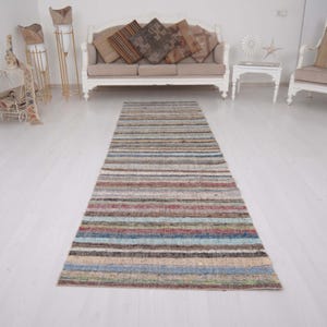 May include: A long, rectangular runner rug featuring a multi-colored striped pattern. The rug displays horizontal bands in various shades of blue, red, brown, beige, and grey, creating a textured, woven appearance across the entire surface area.