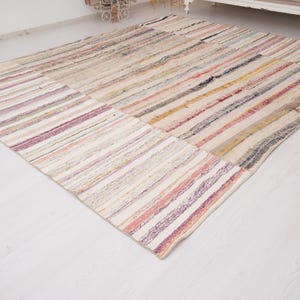 May include: A large rectangular area rug featuring a patchwork design composed of multiple strips of fabric. The rug displays a variety of muted colors including beige, cream, soft pink, muted yellow, light blue, and grey in a striped pattern.