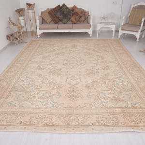 Turkish Oversized Rug 9x12, Vintage Oushak Large Carpet, Faded Wool Handmade Rug, 9x12 ft, Natural Muted Tones,Boho Anatolian Area Rug,113