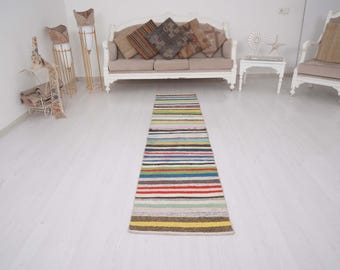 May include: A long, rectangular runner rug featuring a repeating pattern of horizontal stripes in various colors including red, blue, green, yellow, and neutral tones. The rug has a flat-woven texture and is positioned centrally on a white floor.