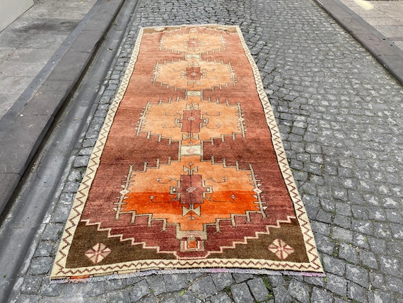 turkish runner rug,oushak rug,anatolian runner,narrow runner vintage, 4'3x10'7 ft, oriental runner, long runner rug,oushak runner rug, 1005
