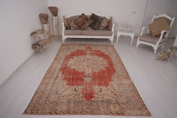 Turkish rug 6x10, Neutral Area rug, Vintage rug, Faded rug, Natural rug, Oushak Rug, Anatolian rug, Antique rug, wool rug, turkey carpet, 52