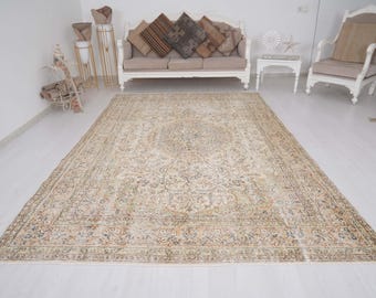 Oversize Turkish Rug 7x10, Vintage Oushak Carpet, Faded Large Area Rug, Anatolian Vintage Rug, 7x10 Rug,Natural Muted Colors,Rustic Boho,193