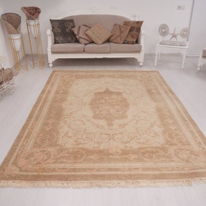 Tapis Oushak, Tapis 7x9, Tapis Zone Neutre, Tapis Délavé, Tapis Neutre, Tapis Turc, Tapis 7x9 vintage, Tapis en laine fait main, Tapis rustique, Tapis en sourdine, 339