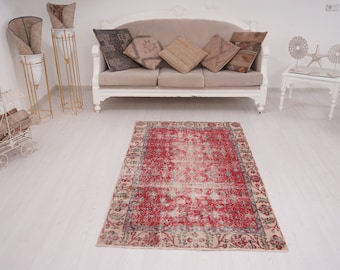 4x6 Rug, Vintage Rug, Neutrale Turkse Rug, Vintage Area Rug, Oushak Rug 4x6, Handgemaakte Wollen Rug, Natuurlijke Rug, Vervaagde Rug, Turks Tapijt 4x6,55