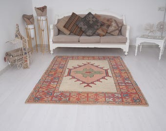 Antique Turkish Rug, 5x6 Vintage Rug, Area Wool Rug, Oushak Rug 5x6, Boho Faded Rug, Bohemian Rug,Antique Rug,Natural Rug 5x6,Turkey Rug,231