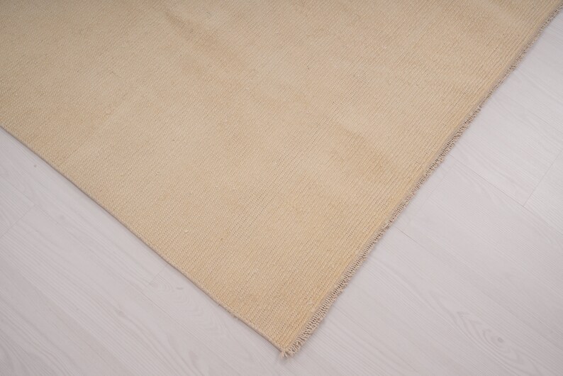 Pu&ograve; includere: Primo piano di un tappeto beige intrecciato con bordo a frangia. Il tappeto &egrave; steso su un pavimento in legno chiaro.