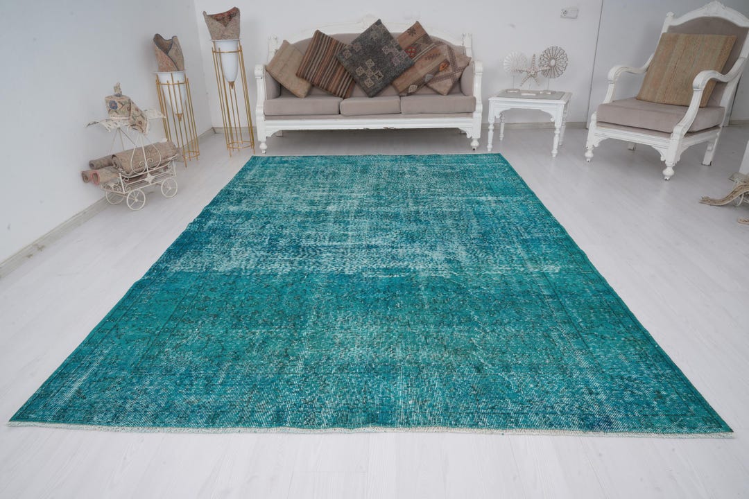 7x10 Vintage Large Rug, Light Blue Turkish Rug 7x10, Overdyed