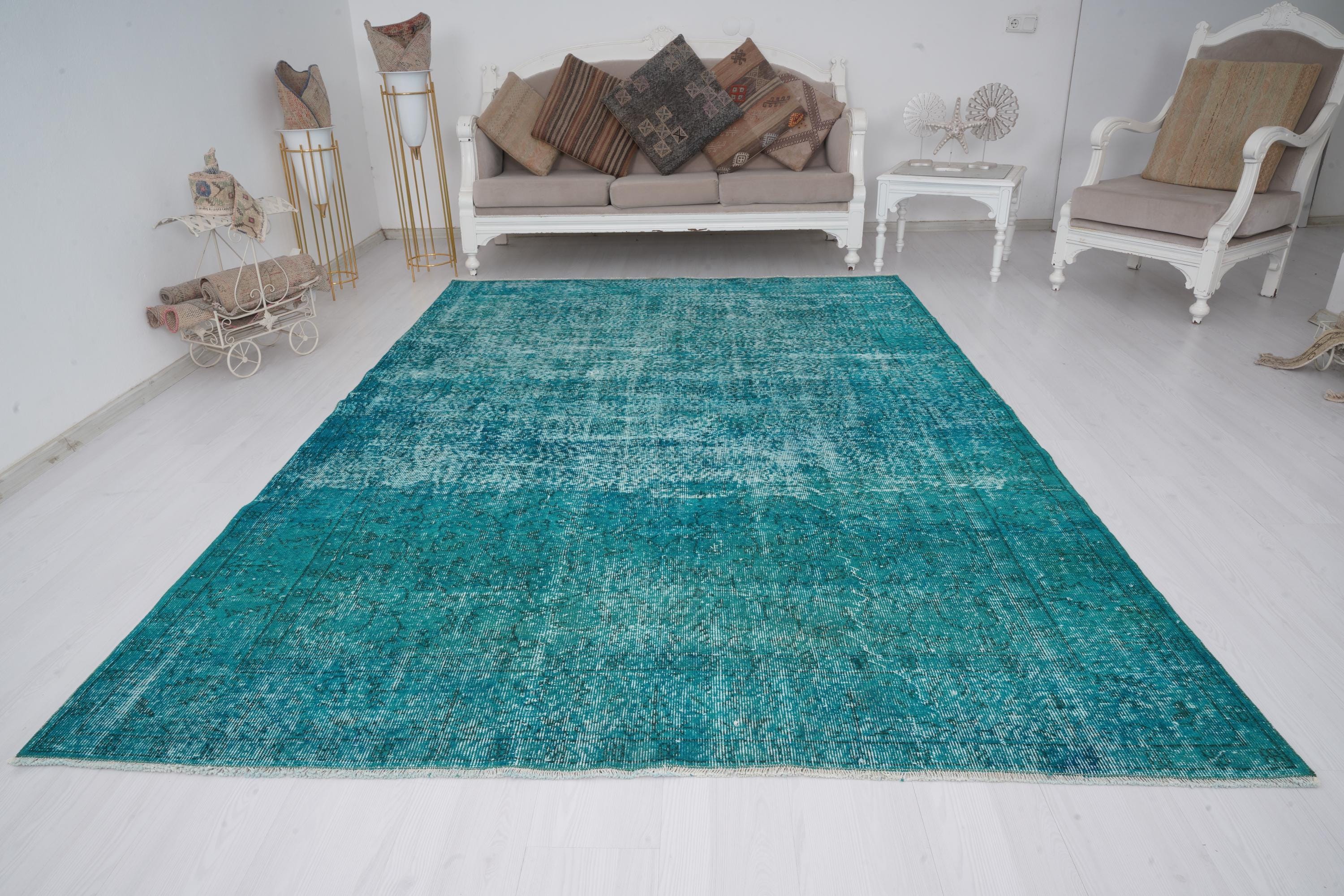 7x10 Vintage Large Rug, Light Blue Turkish Rug 7x10, Overdyed
