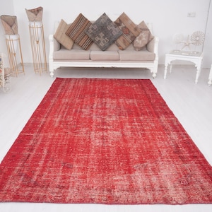 5x9 rug, turkish rug 5x9, oushak area rug, handmade wool rug, vintage rug 5x9, faded area rug, muted red rug, home decor rug, rug 5x9,200