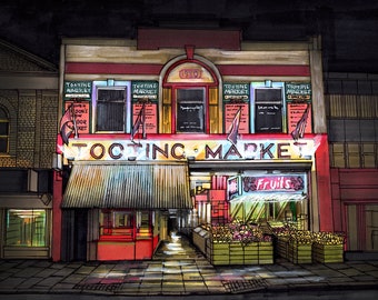 Tooting Market Night Art Print, Hand Drawn Illustration print, South London Decor, Unique Gift