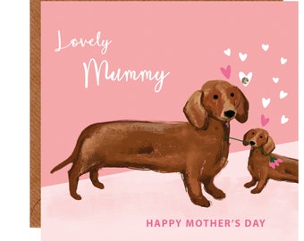 Lovely Mummy Card - Sausage Dog Card - Mum Card - Mother's Day Card - Finished with Hand Crafted Crystals