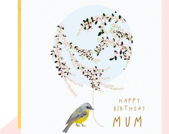 Happy Birthday Mum, Bird & Balloon Card - Mum Birthday Card - Finished with Hand Crafted Crystals