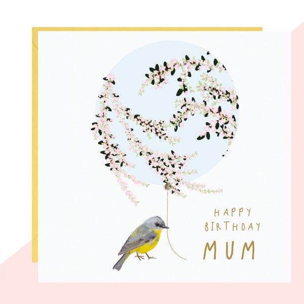 Happy Birthday Mum, Bird & Balloon Card - Mum Birthday Card - Finished with Hand Crafted Crystals